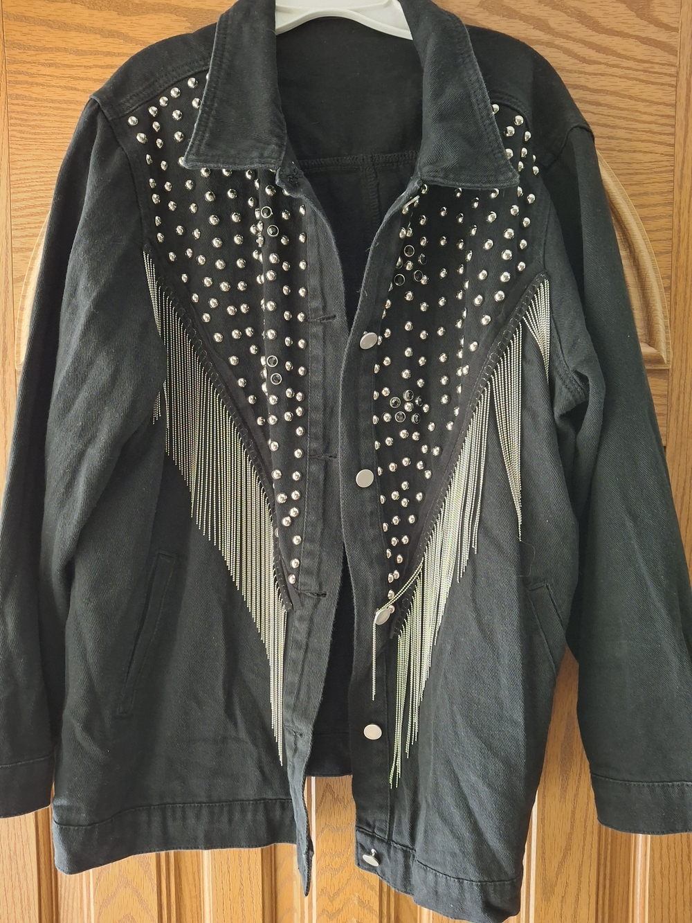 Western Black Denim Studded Denim Jacket with Silver Fringe